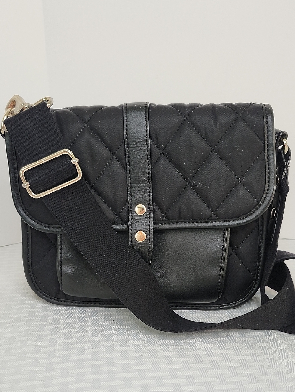 Talbots Black Quilted Nylon Leather Trim Crossbody Bag